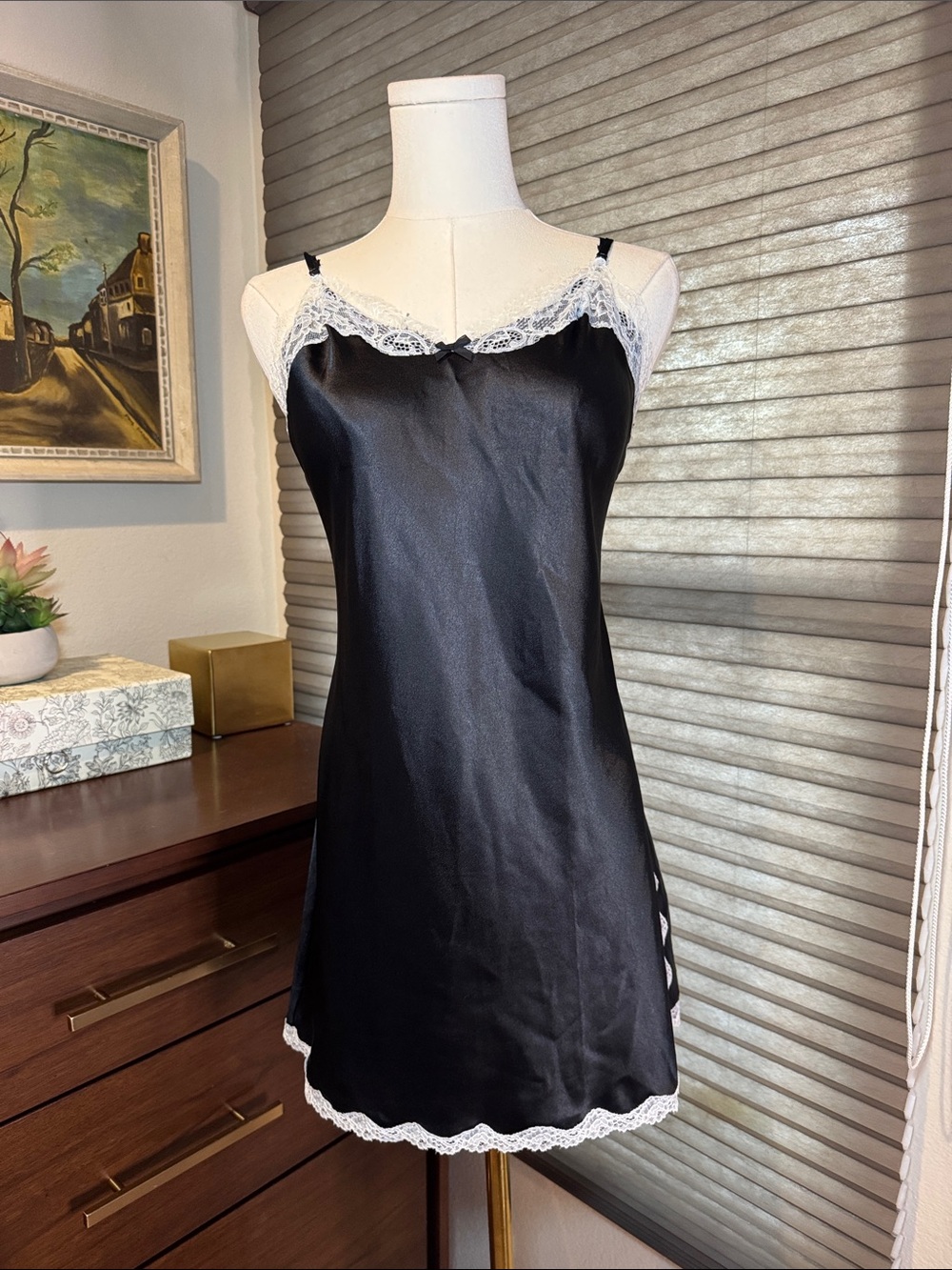 NWT Victoria's Secret Black Satin Chemise with White Lace Trim. Size Med